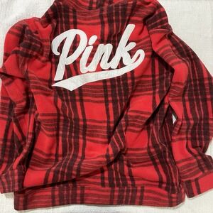 PINK Victoria Secret Women's Large Polar Fleece Buffalo Plaid Red Black Logo